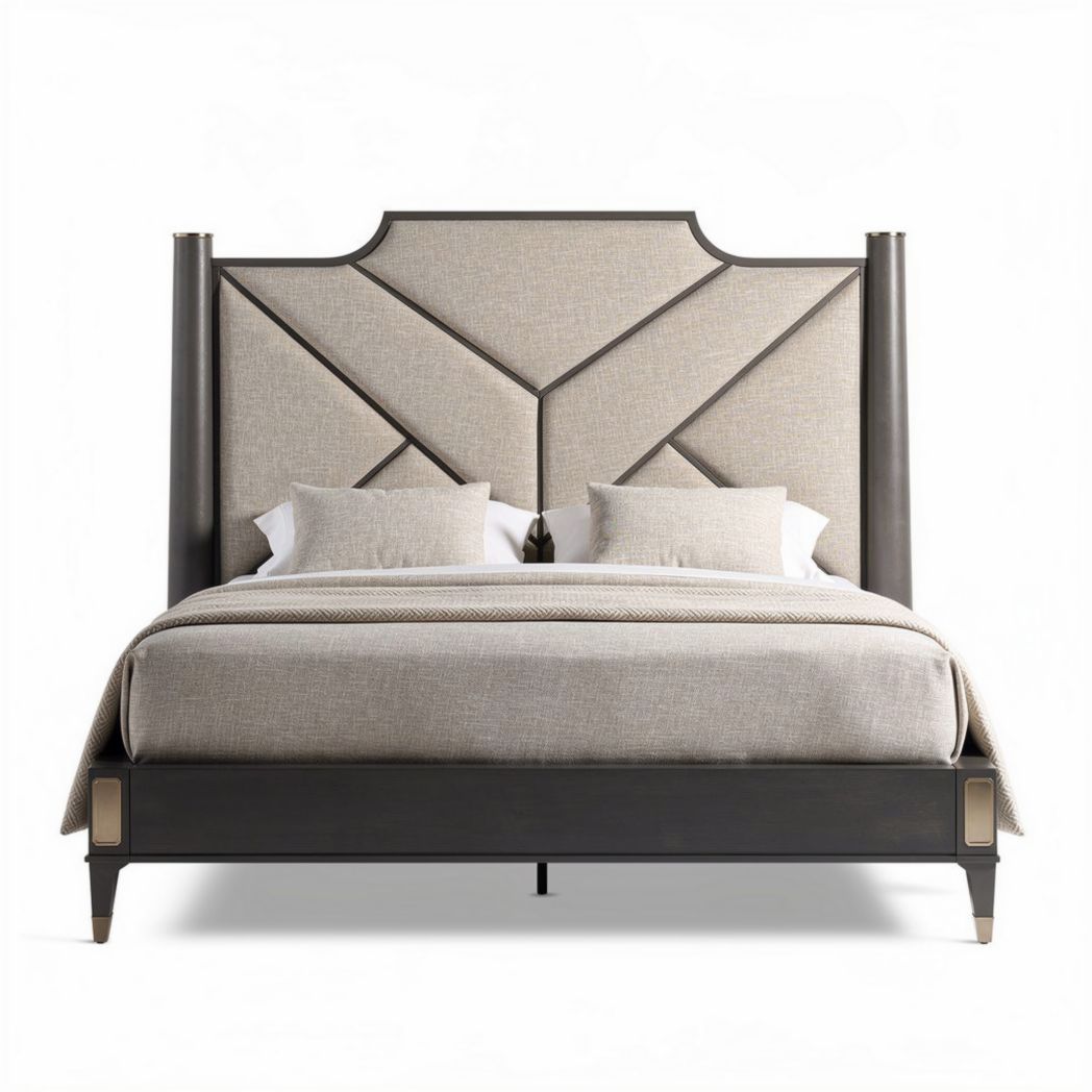 Lit en tissu beige avec tête de lit en bois noir 200 x 180 x 120 cm