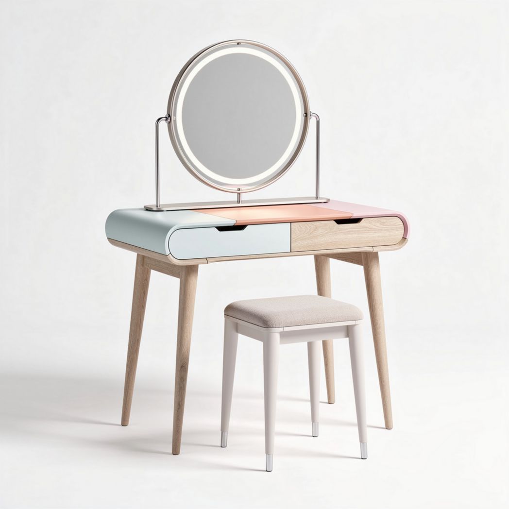 Coiffeuse en bois avec miroir rond et éclairage taille 90 x 40 x 75cm