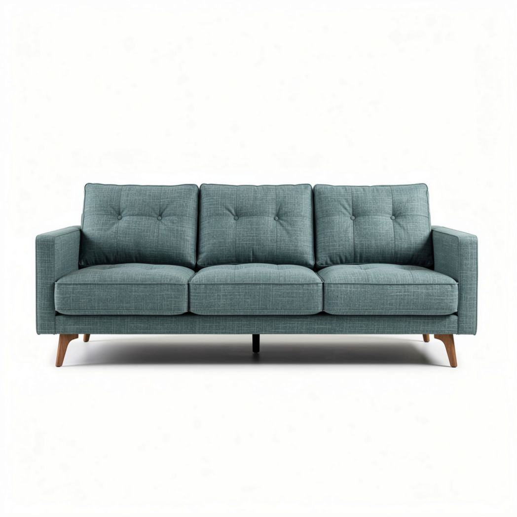 Canapé trois places en tissu vert clair avec pieds en bois 210 x 90 x 85cm