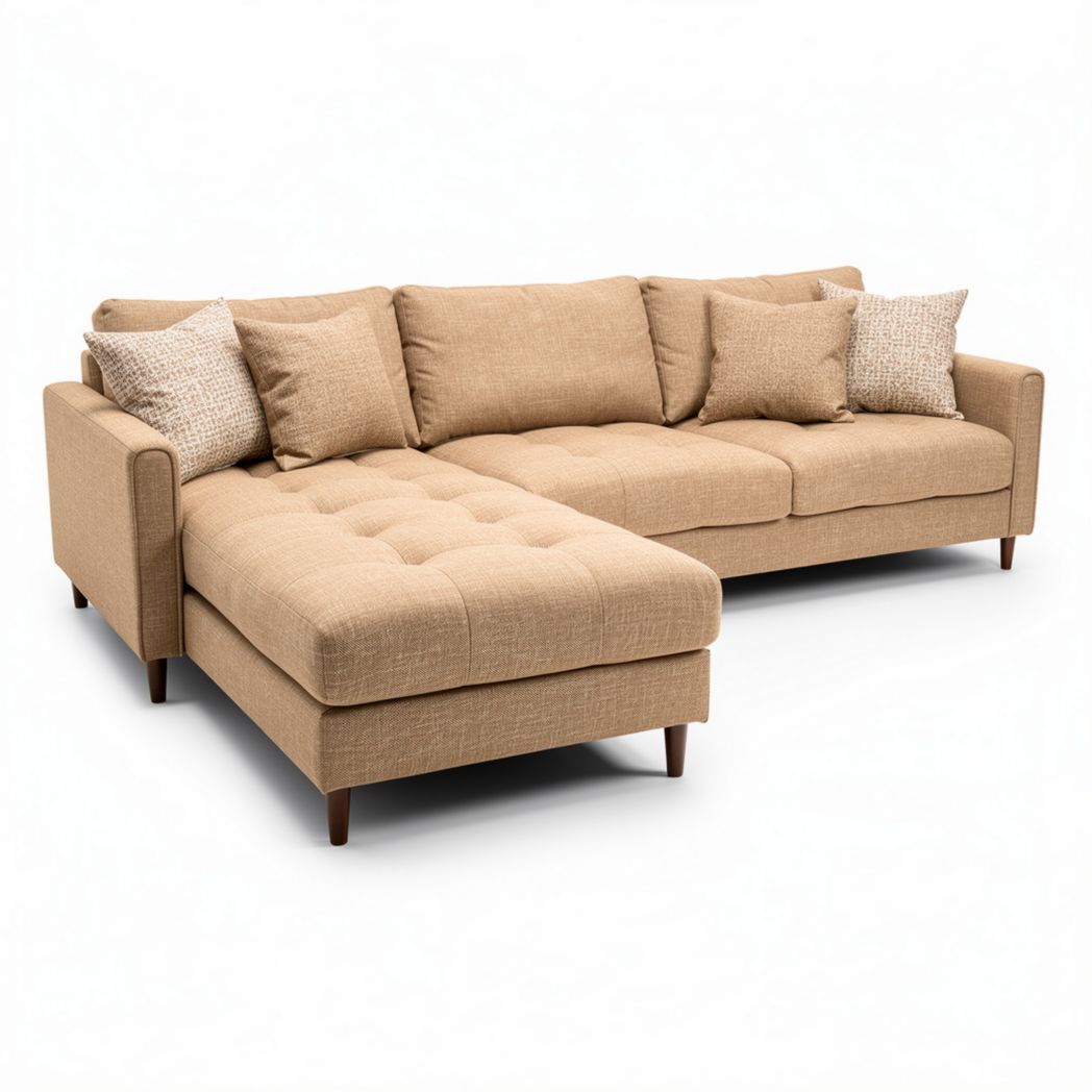 Canapé d'angle en lin beige avec coussins et dimensions 200 x 90 x 85cm