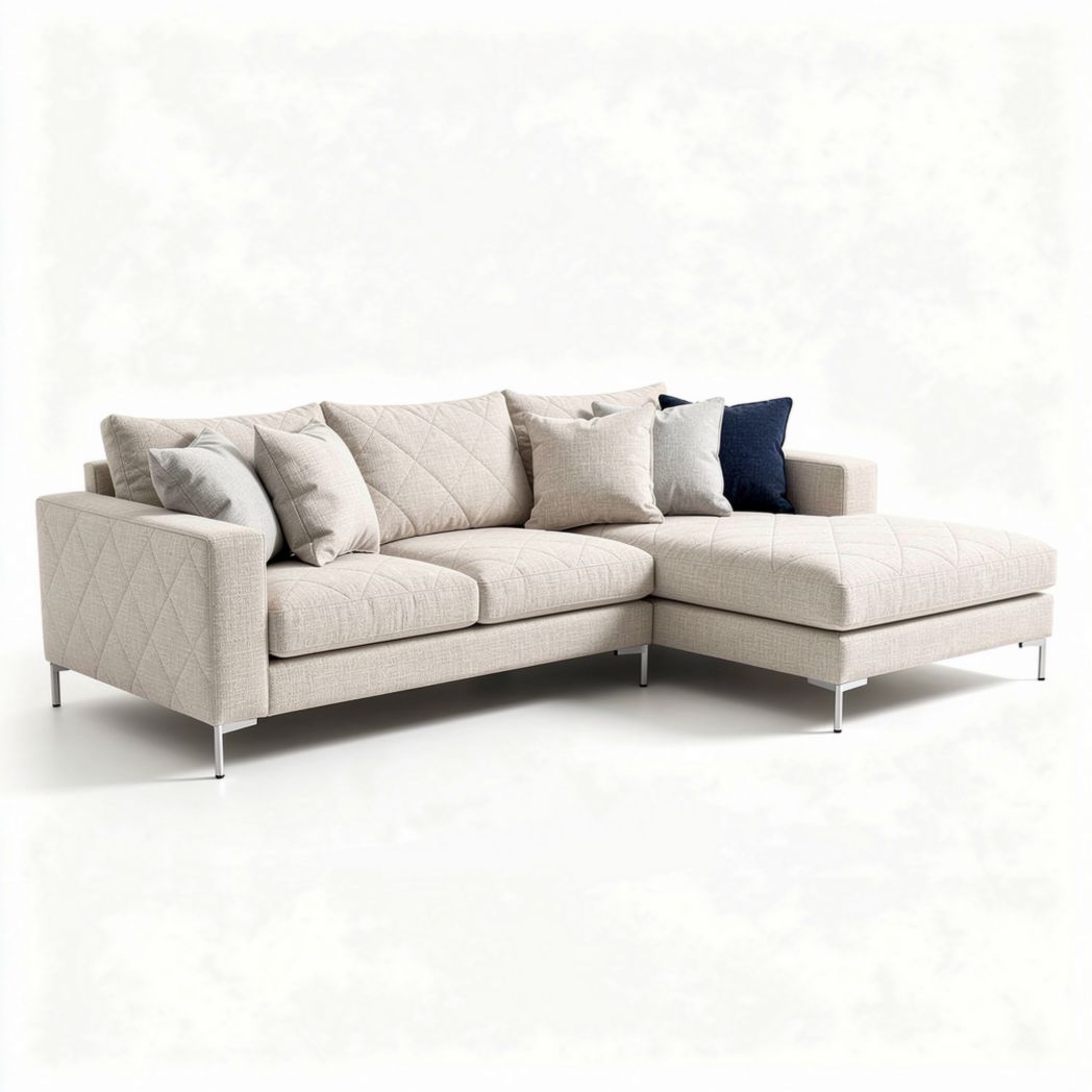 Canapé d'angle en tissu beige avec coussins décoratifs 230 x 160 x 90cm