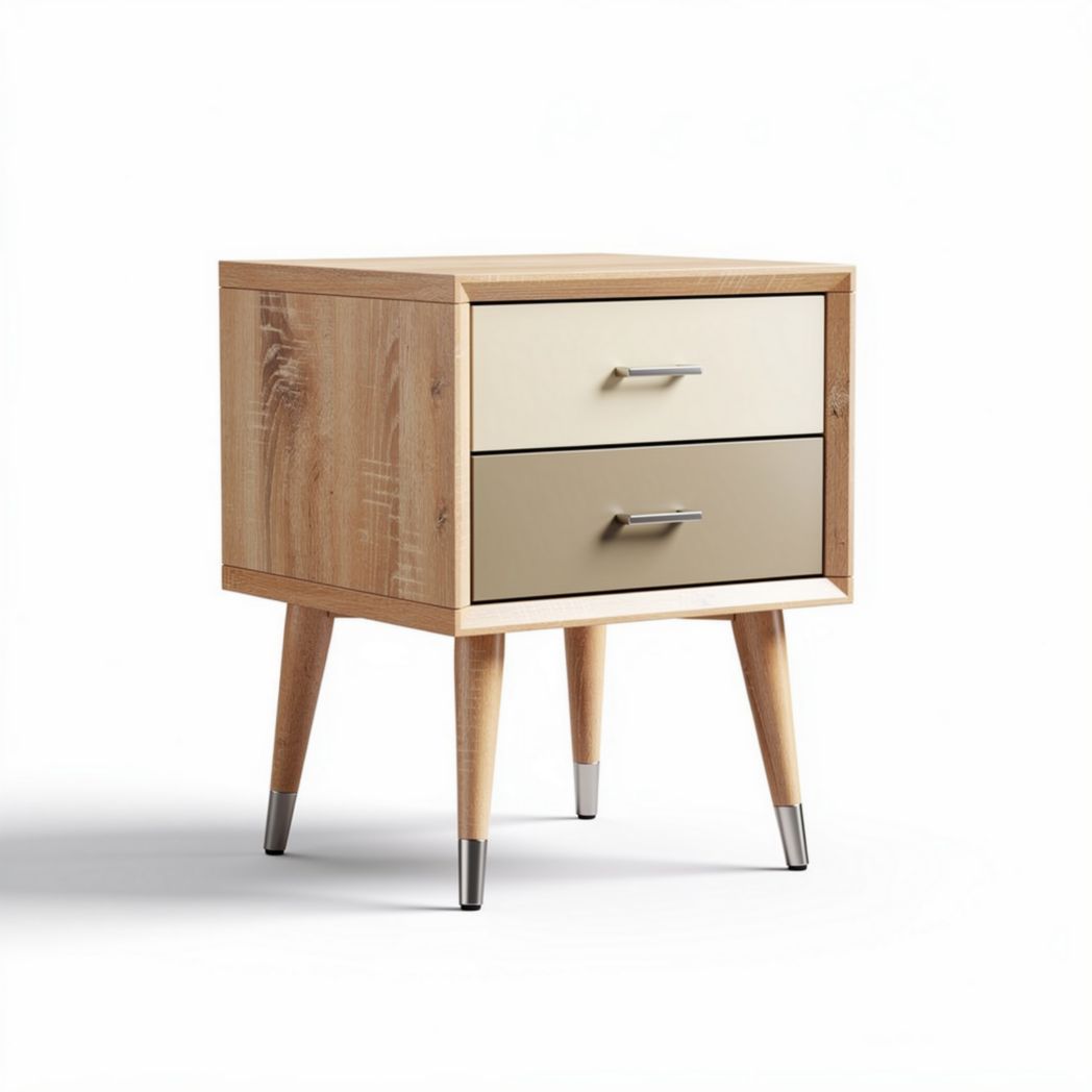 Table de chevet en bois avec deux tiroirs couleur beige et dimensions 40 x 40 x 50cm