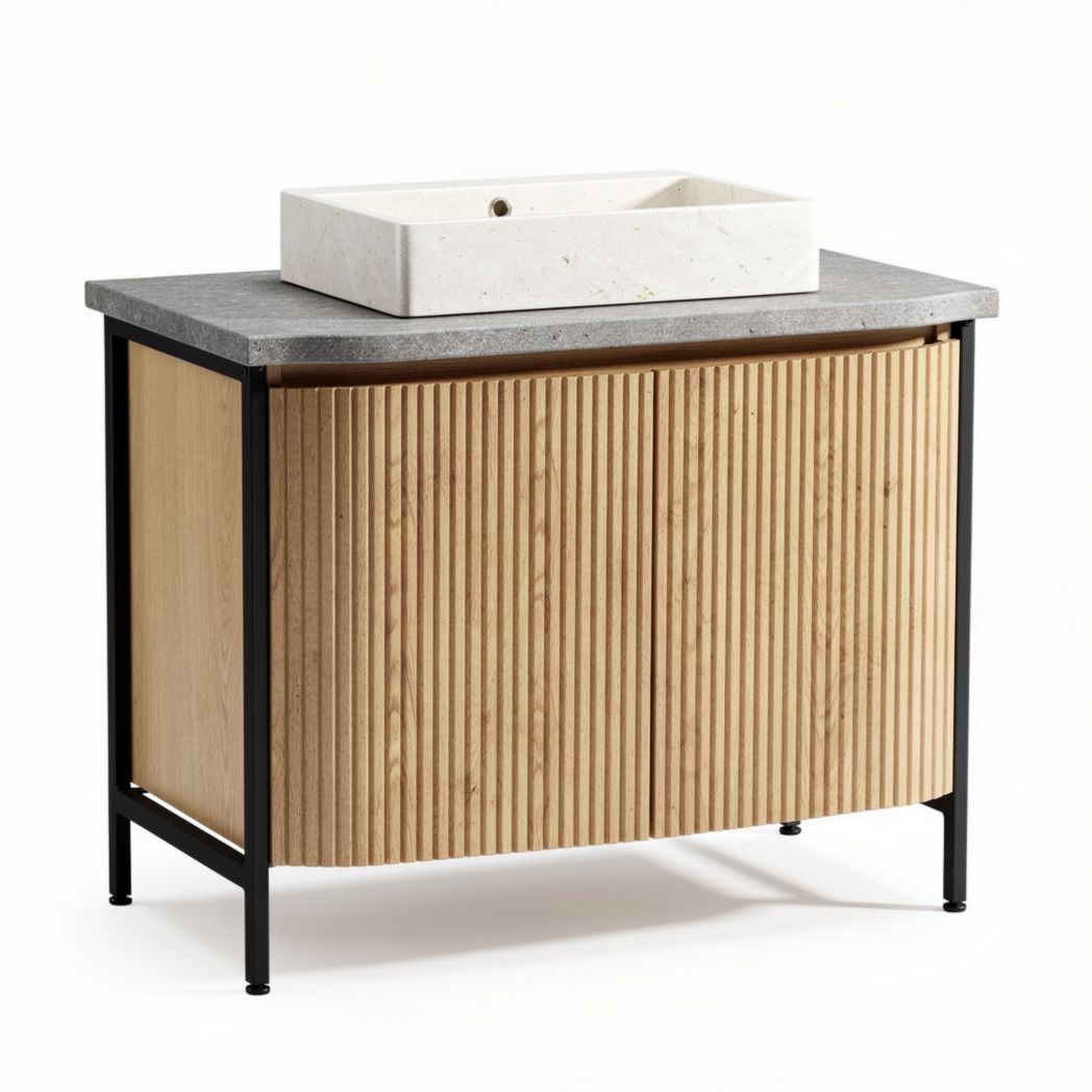 Meuble de salle de bain en bois avec lavabo en marbre 80 x 40 x 90cm