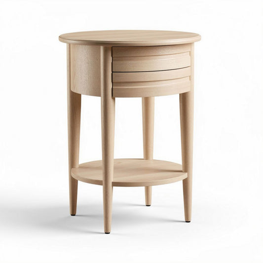Table d'appoint ronde en bois naturel avec tiroir et étagère 40 x 40 x 60 cm