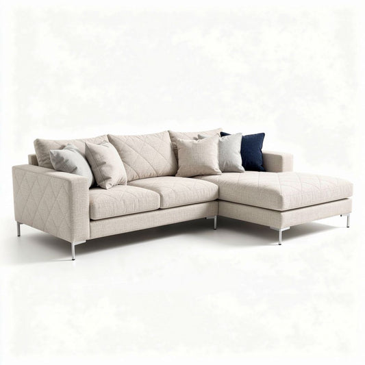 Canapé d'angle en tissu beige avec coussins décoratifs 230 x 160 x 90cm