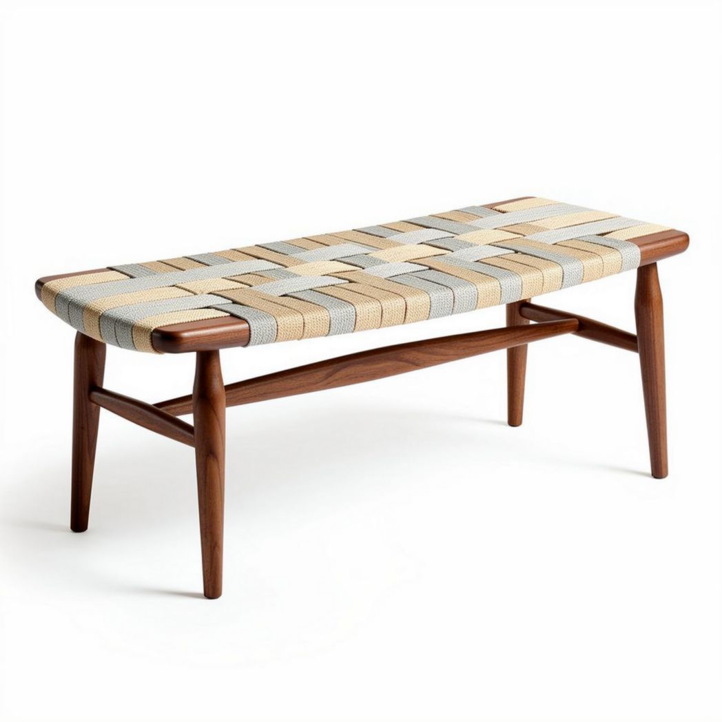 Banc en bois avec assise tissée en toile multicolore 120 x 45 x 40cm