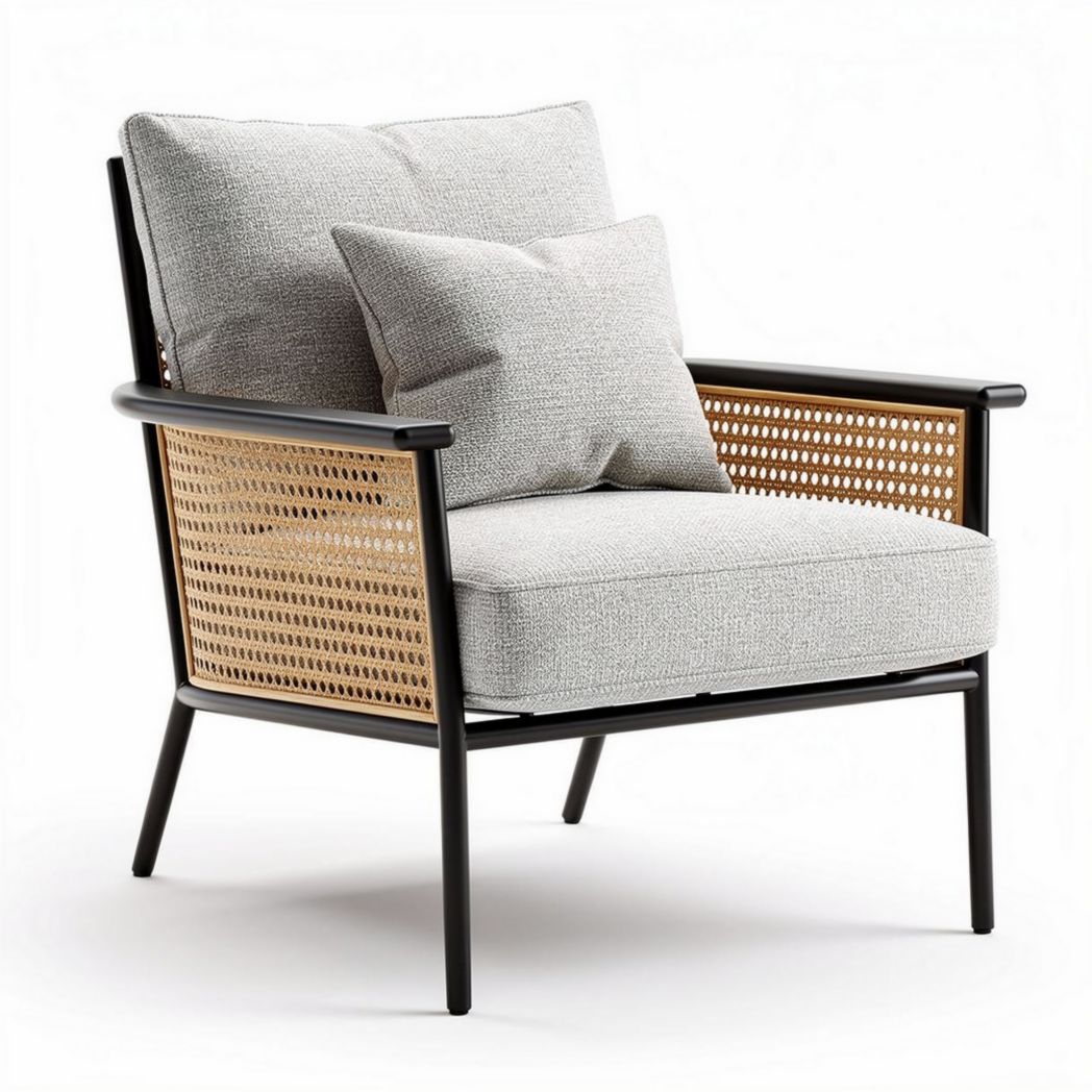 Fauteuil en rotin tressé avec coussins en tissu gris 75 x 75 x 85 cm