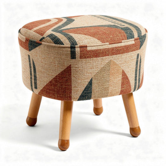 Pouf en tissu avec motifs géométriques et pieds en bois 30 x 30 x 30cm